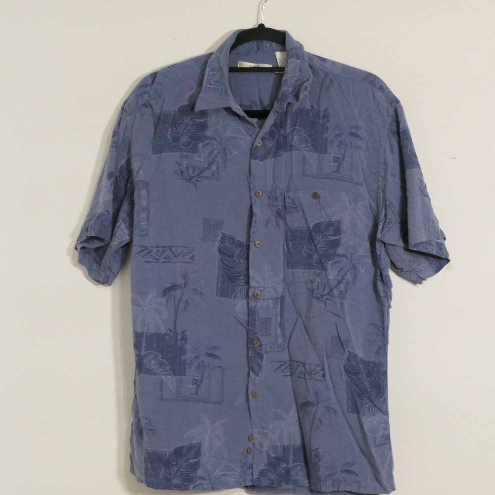 Campia Moda Men Shirt M Blue Button Down Tropical Palm Leaf Aloha Beach Vacation